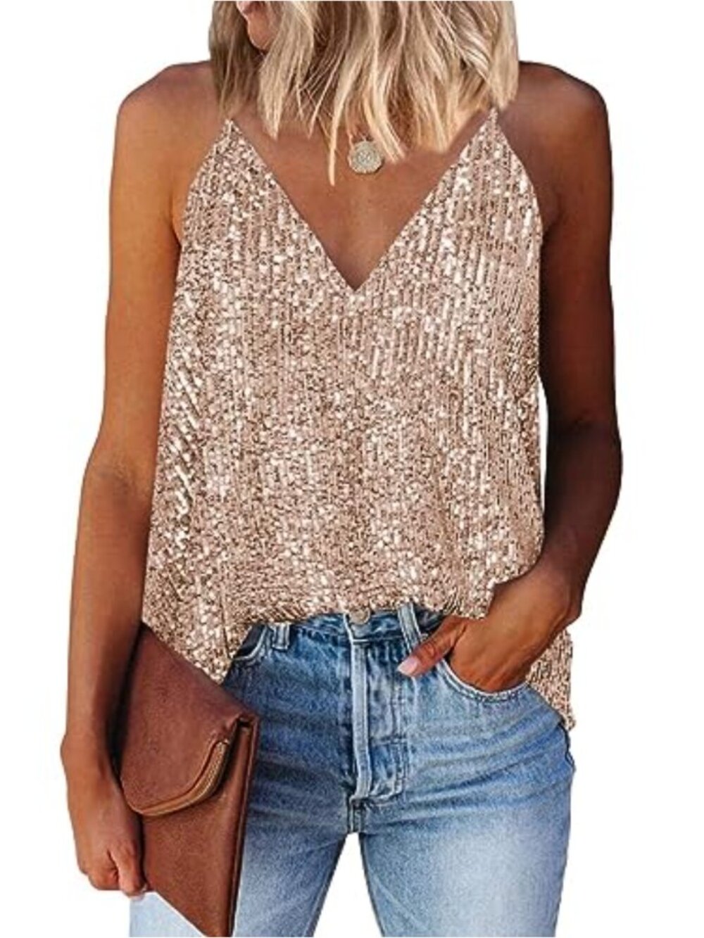 Sequin V-Neck Cami Tank Top Sparkle Shimmer Sleeveless